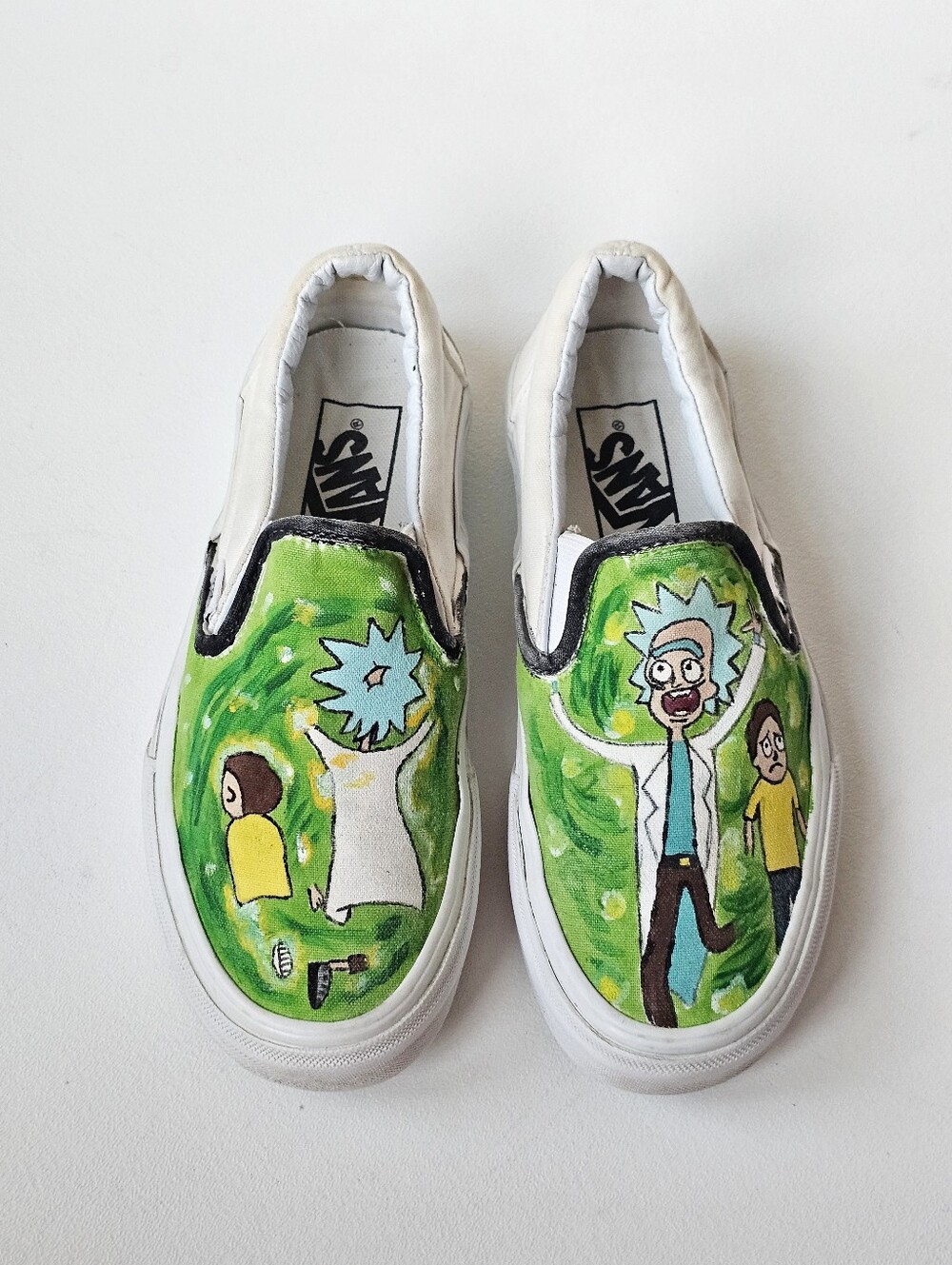 Custom Hand Painted Vans Slip On Rick & Morty White Canvas Sneakers